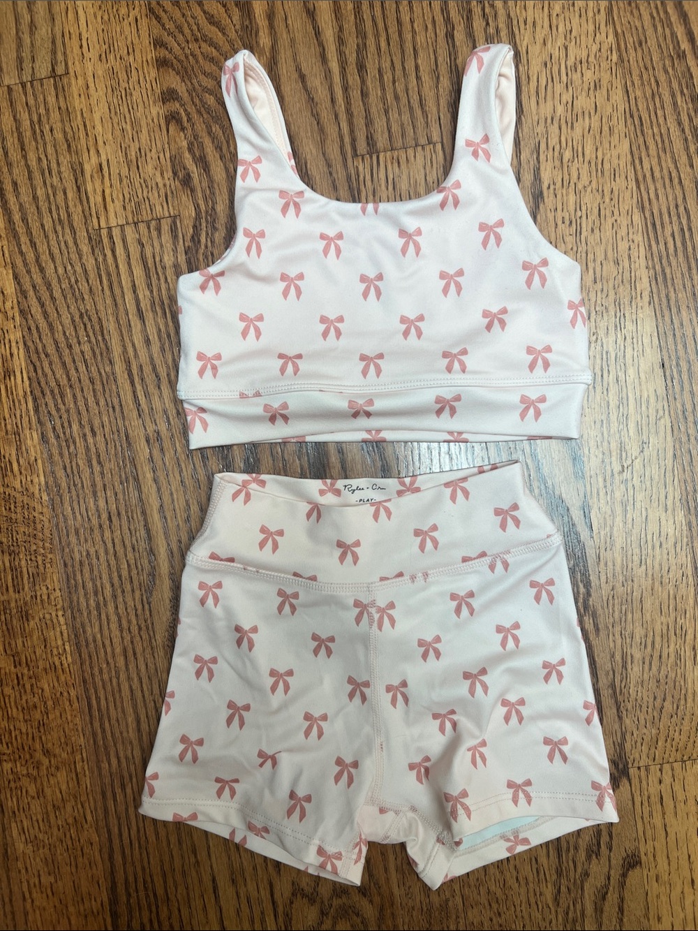 Rylee + Cru White Crop Tank & High-Rise Shorts Set with Pink Bow Print